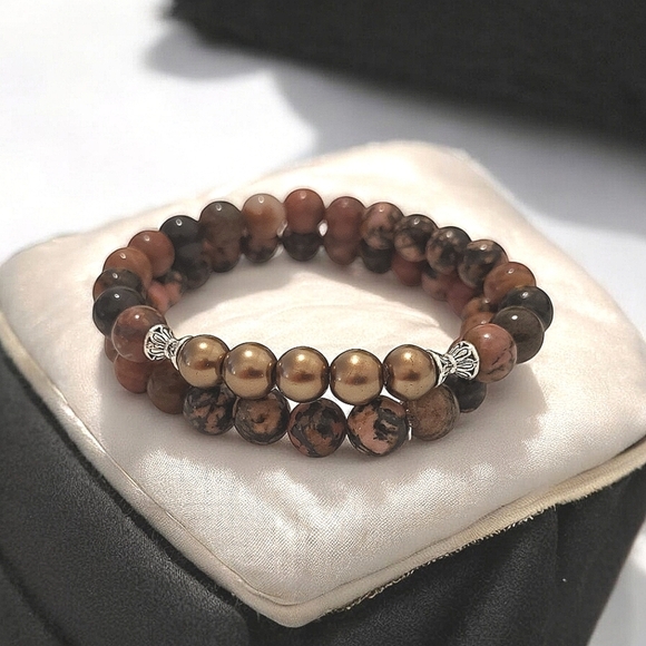 Handcrafted Natural Black Lace Rhodonite One of a Kind Bracelet Set - Picture 1 of 3